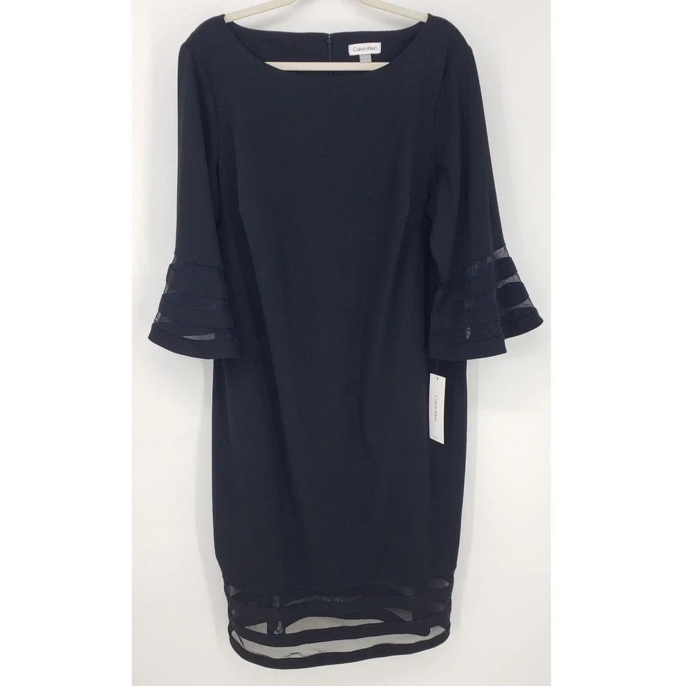 Calvin Klein Bell Sleeve Sheath Dress Illusion Sheer Mesh Striped Size 18W Black